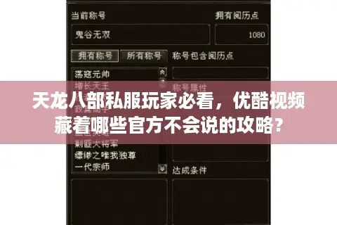 天龙八部私服玩家必看，优酷视频藏着哪些官方不会说的攻略？