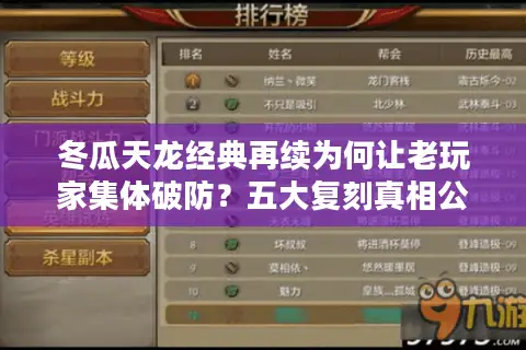 冬瓜天龙经典再续为何让老玩家集体破防？五大复刻真相公开